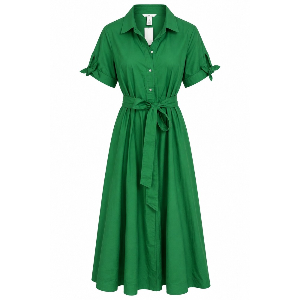 HM Green Cotton Shirt Dress Short Sleeve Tie Cuff Belted Midi Large NWT